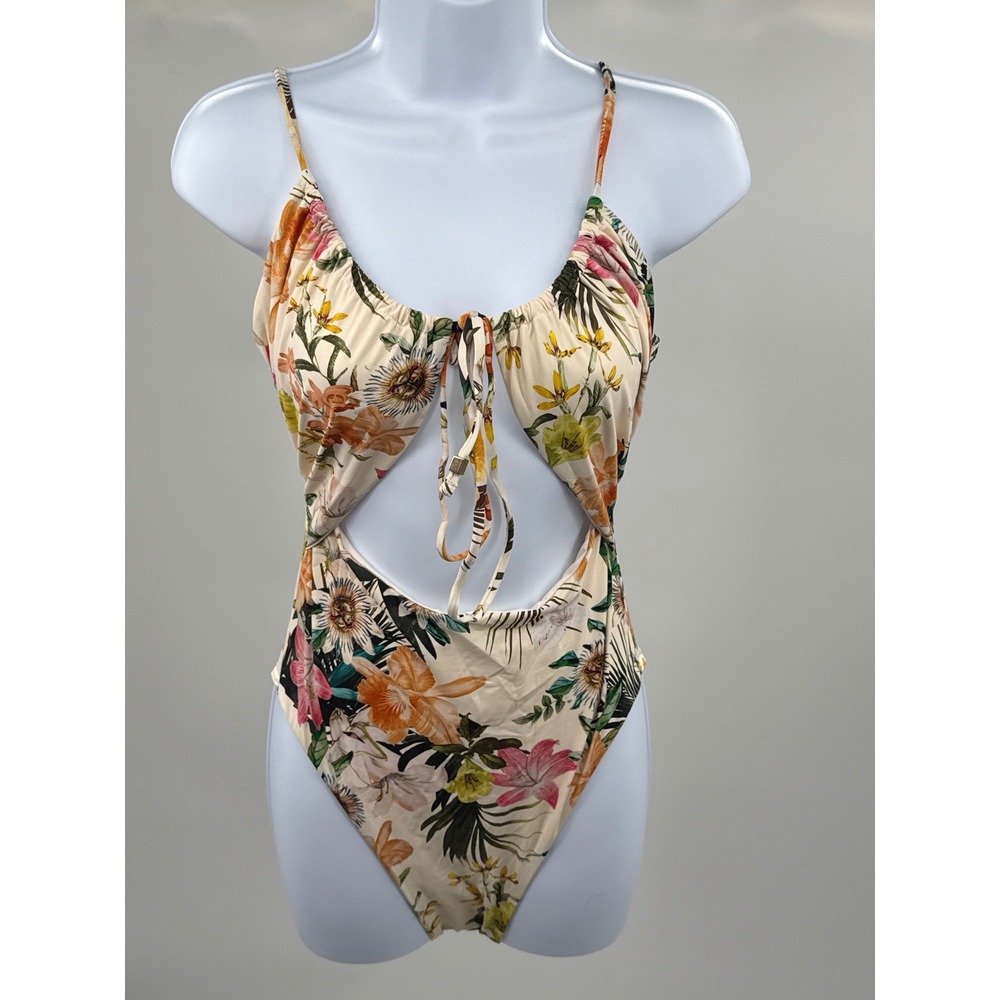 Envya Floral Cutout One Piece Swimsuit Cream Tropical Tie Front S0469B Medium